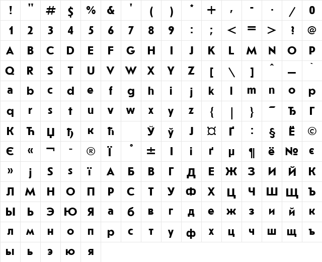 JournalSansCTT Bold  glyph index