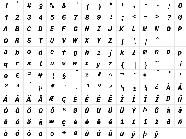 Monospac821 BT Bold Italic  glyph index