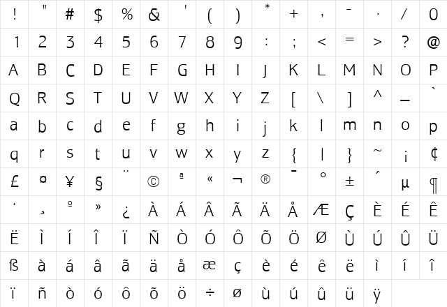 LesmoreLight Roman  glyph index