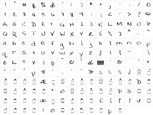 BobbiesHand Regular  glyph index