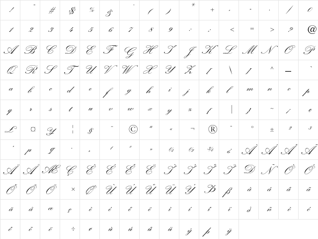 KuenstlerScript Regular  glyph index