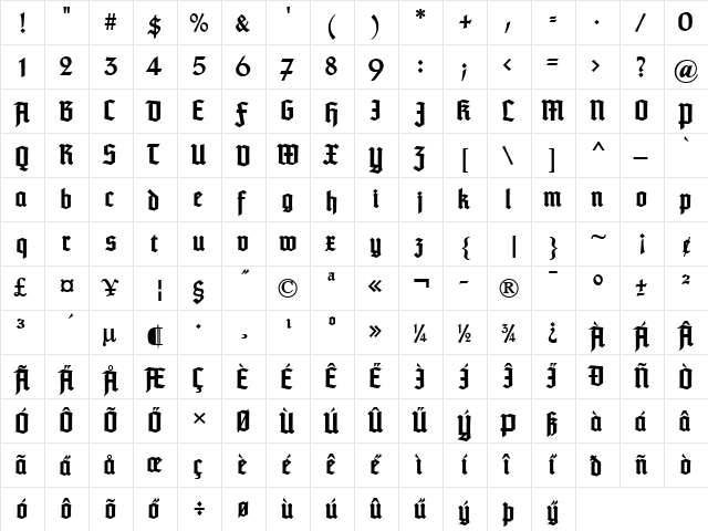 TypographerTextur UNZ1 Bold  glyph index