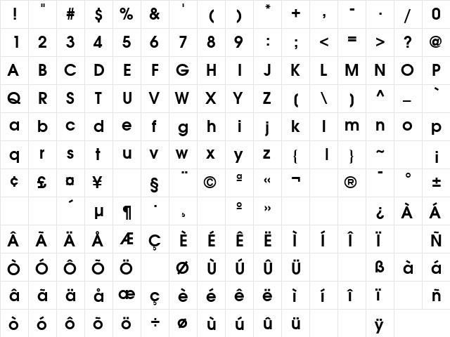 Moderne Demi  glyph index