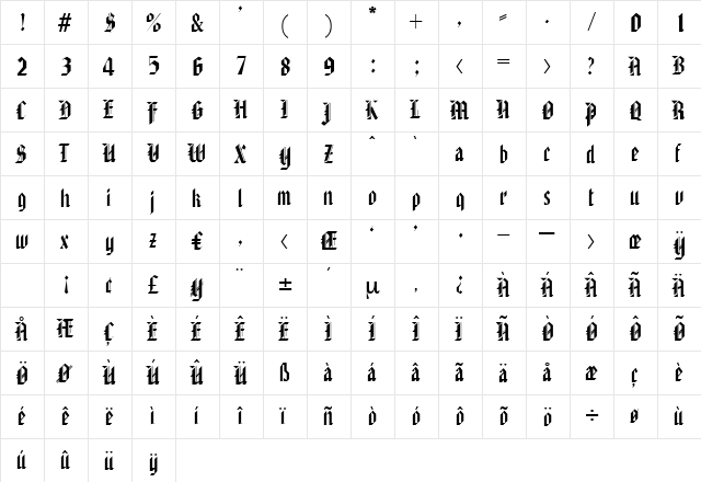 Nottingham Regular  glyph index