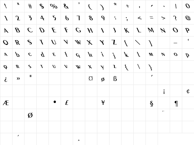 Custard Pie 9 Regular  glyph index