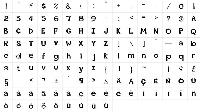 Beatsville Regular  glyph index