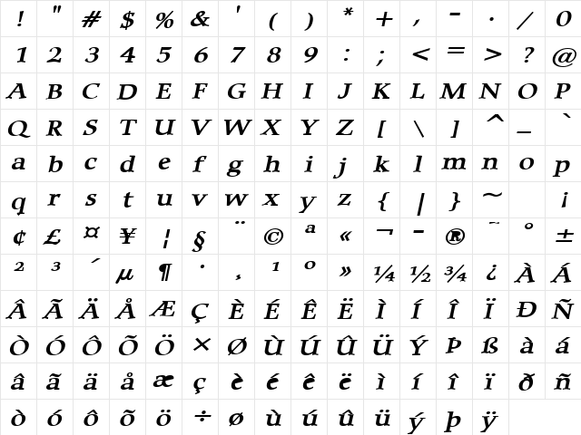 Carmine Wide BoldItalic  glyph index