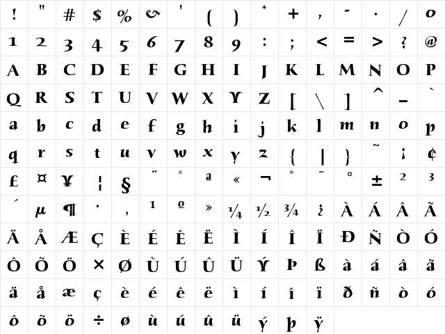 Humana Serif ITC Bold  glyph index