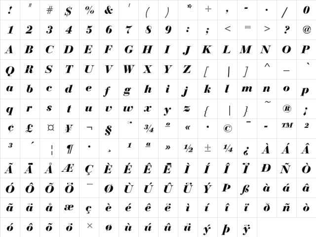 Bauer Bodoni D In1 Regular  glyph index