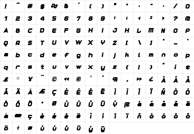 Reaction Heavy Italic  glyph index