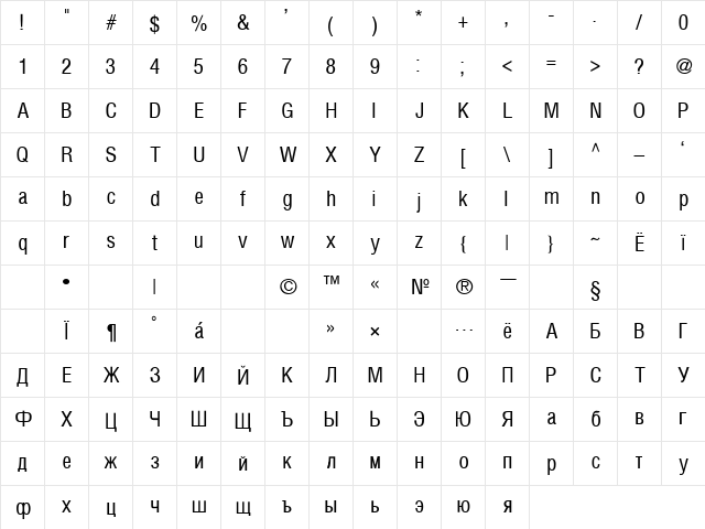 HelvCondenced Regular  glyph index