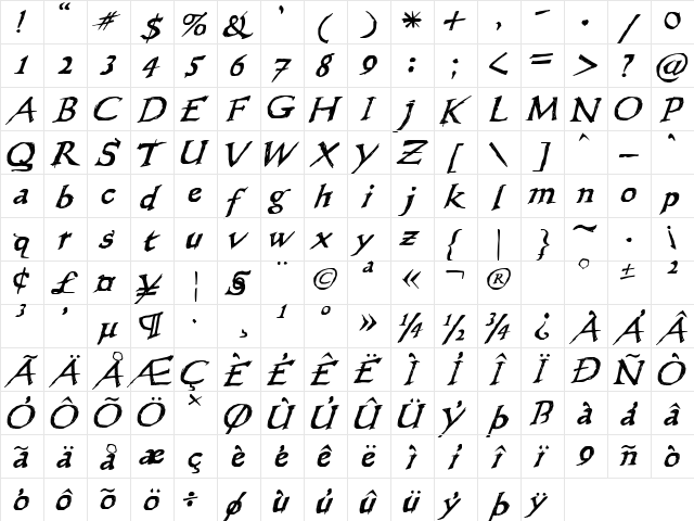 WL Scribble Flinger Regular  glyph index