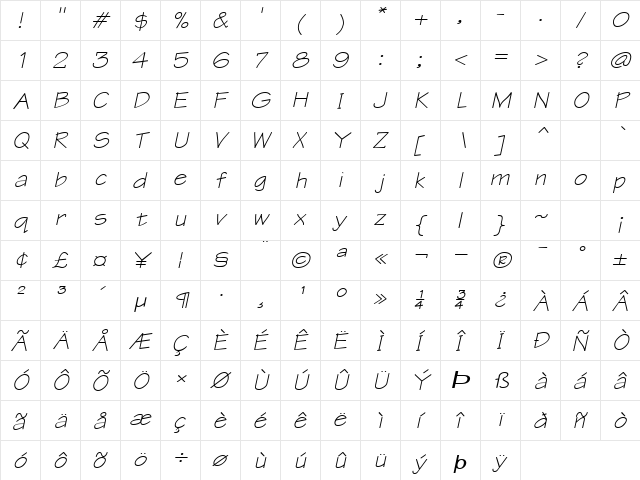 Tek-Extended Bold Italic  glyph index