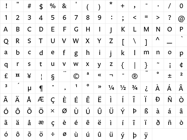 Legato LF Regular  glyph index