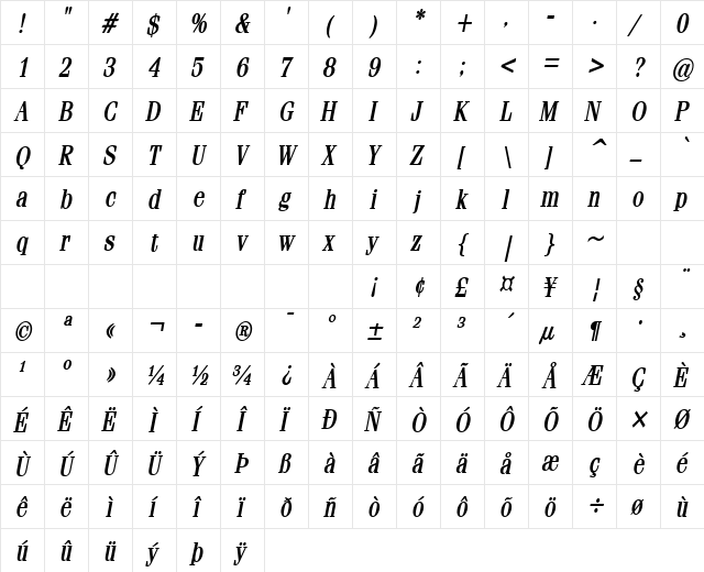 Feline-Condensed Bold Italic  glyph index