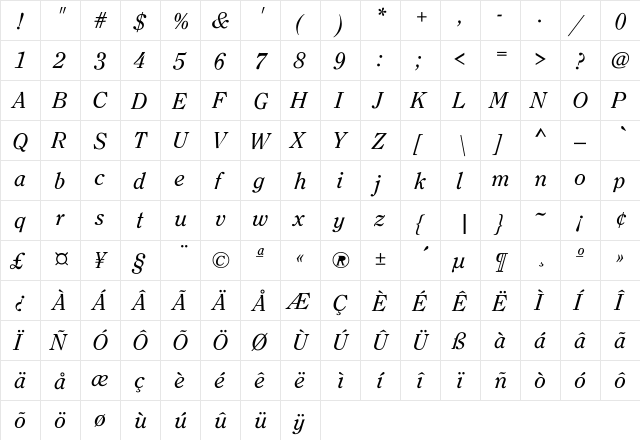 Chenier Regular  glyph index