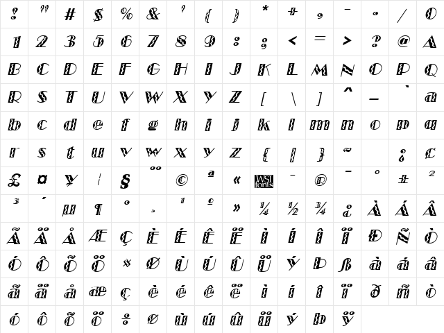 MarqueeFlash Italic  glyph index