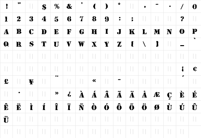 Rubber Stamp Regular  glyph index