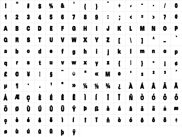 SansBlackSmall Regular  glyph index