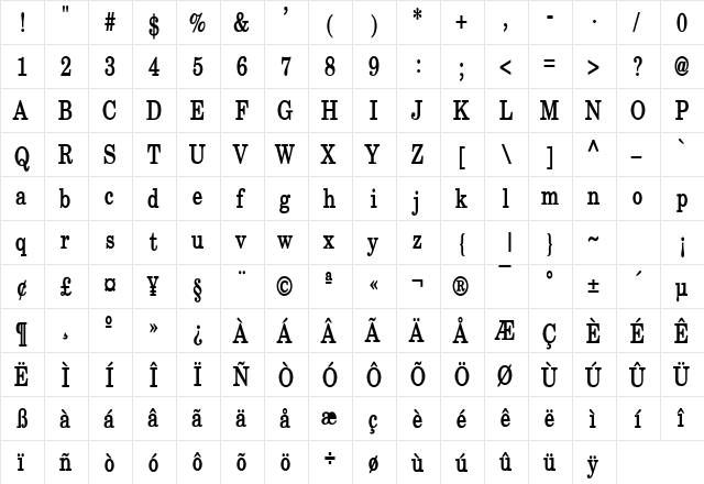 New Boston Thin Bold  glyph index