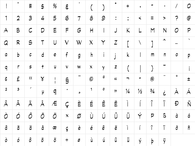 Graphite Std Narrow  glyph index