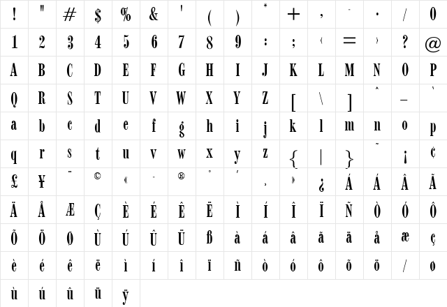 OPTIBodoniCampanileFive Regular  glyph index