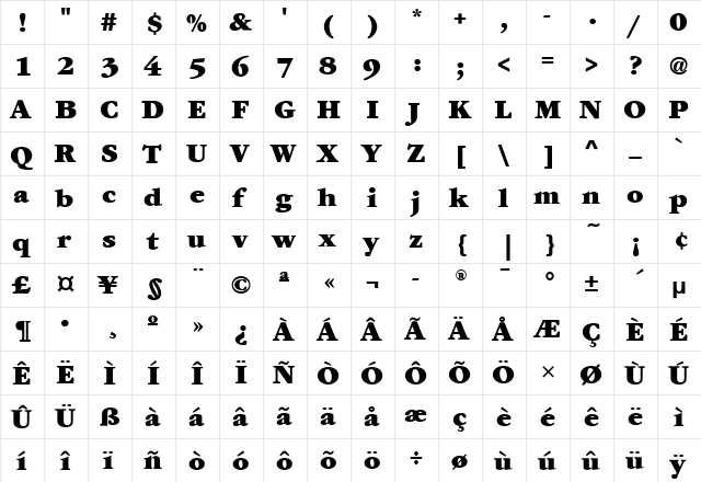 GaramondITC Ultra  glyph index