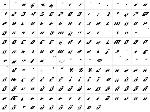 X-Racer Laser Italic Italic  glyph index