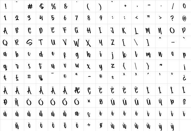 Comfortune Tilted Regular  glyph index