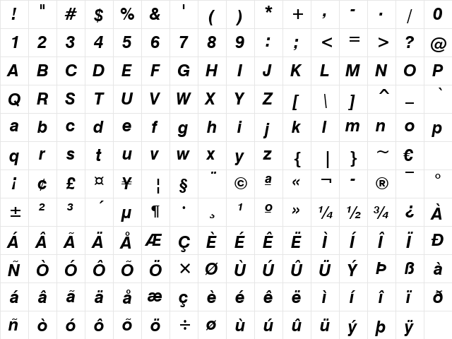 Swis721 WGL4 BT Bold Italic  glyph index