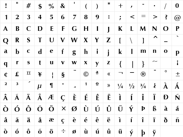 Vera Humana 95 Bold  glyph index