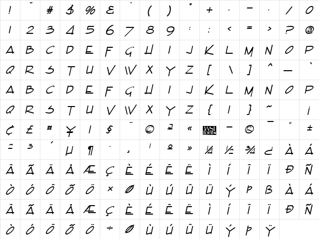 Encino Italic  glyph index