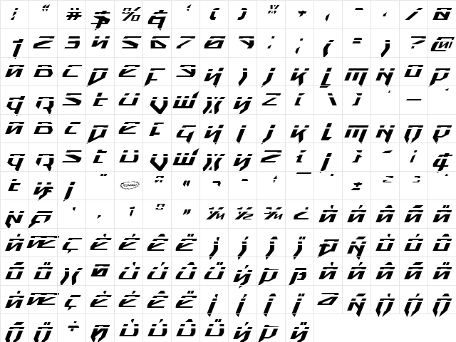 Snubfighter Phaser Italic Italic  glyph index
