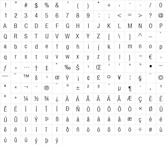 HelveticaNeue LT 47 LightCn Regular  glyph index