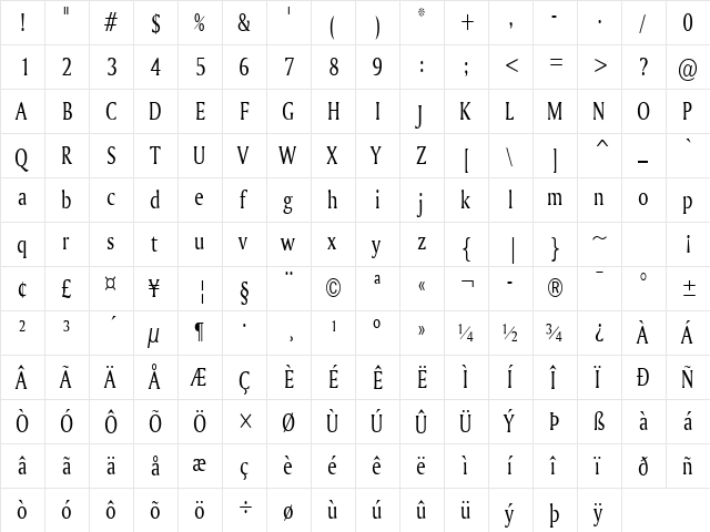 Ameretto Thin Normal  glyph index