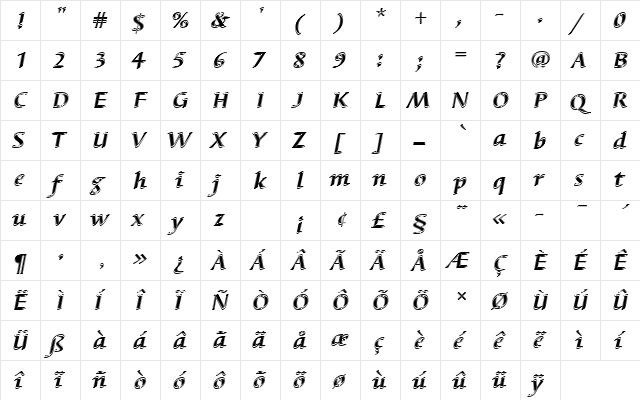BarbedorTBolItaIn1 Regular  glyph index