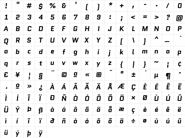 Quantico Bold Italic  glyph index