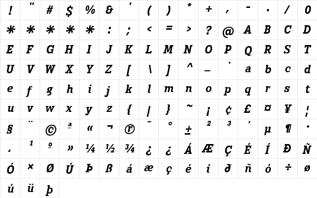 Heptal Bold Italic  glyph index