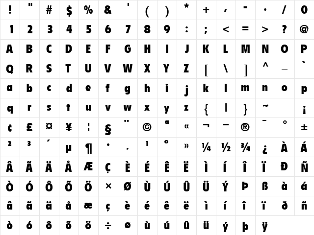 EmphasisBlackCondSSK Regular  glyph index