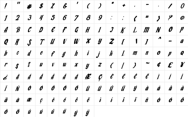 Humingson Italic Italic  glyph index