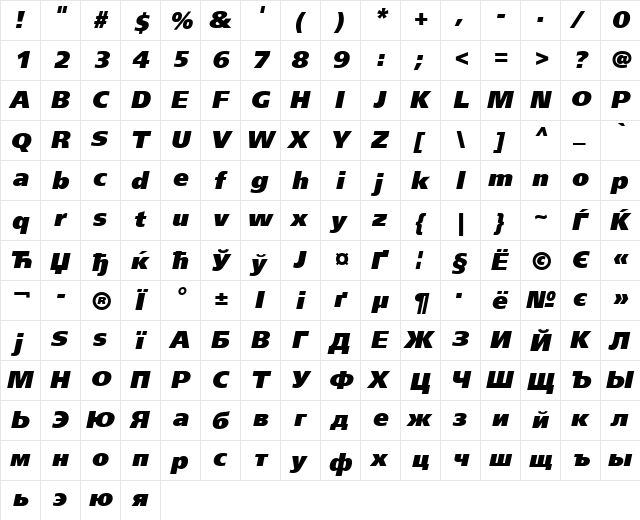 FreeSetBlackC Italic  glyph index