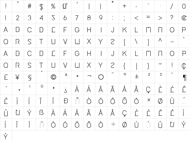 Cinga Regular  glyph index