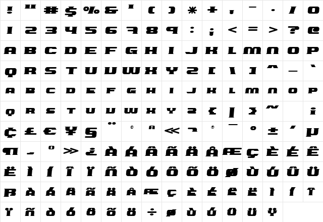 Roadster Regular  glyph index