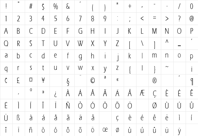 ErosCondensed Regular  glyph index
