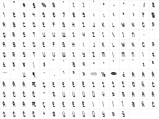 Blizzard Shaft Semi-Leftalic Regular  glyph index