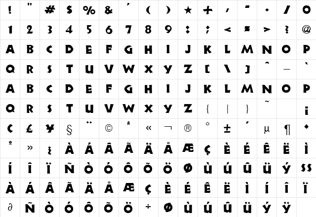 Neuland DB Regular  glyph index
