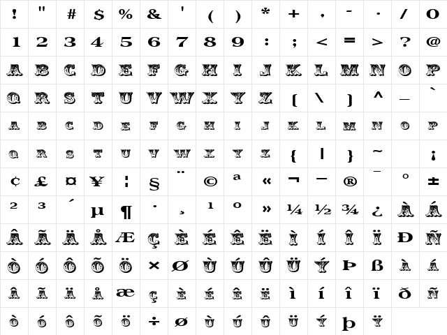 ClowningWayText Regular  glyph index