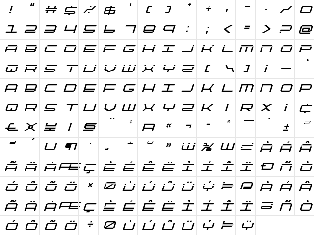 QuickTech Title Italic Italic  glyph index