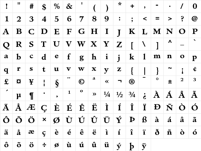 Minister Bold  glyph index