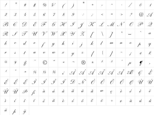 Andante Regular  glyph index